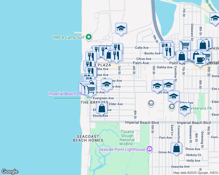 map of restaurants, bars, coffee shops, grocery stores, and more near 221 Daisy Avenue in Imperial Beach