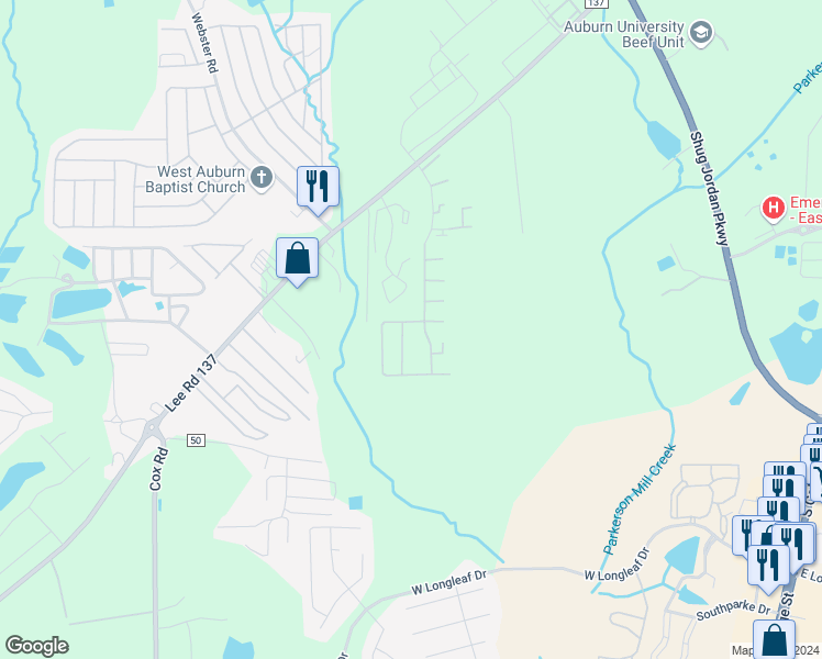 map of restaurants, bars, coffee shops, grocery stores, and more near 1100 Stonegate Drive in Auburn