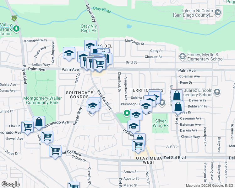 map of restaurants, bars, coffee shops, grocery stores, and more near 866 Churrituck Drive in San Diego
