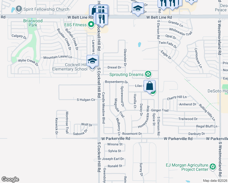 map of restaurants, bars, coffee shops, grocery stores, and more near 508 Mulberry Lane in DeSoto