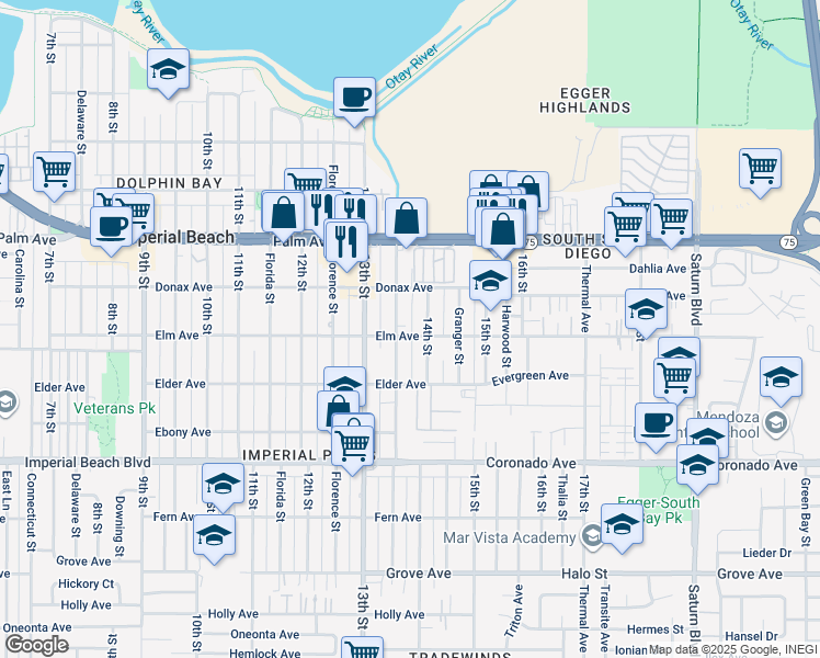 map of restaurants, bars, coffee shops, grocery stores, and more near 1352 Elm Avenue in Imperial Beach