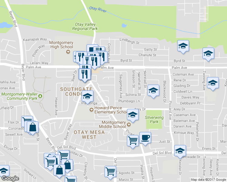 map of restaurants, bars, coffee shops, grocery stores, and more near 866 Churrituck Drive in San Diego
