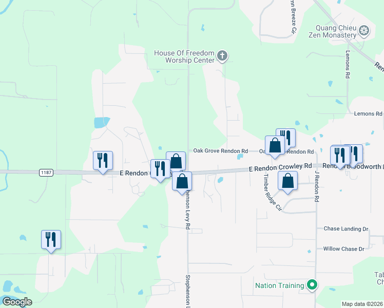 map of restaurants, bars, coffee shops, grocery stores, and more near 4624 Oak Grove Rendon Road in Burleson