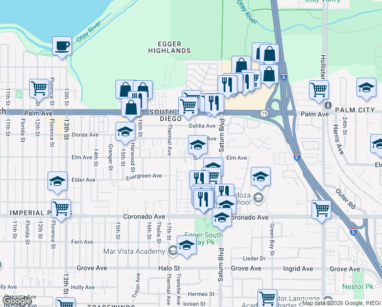 map of restaurants, bars, coffee shops, grocery stores, and more near 815 18th Street in San Diego