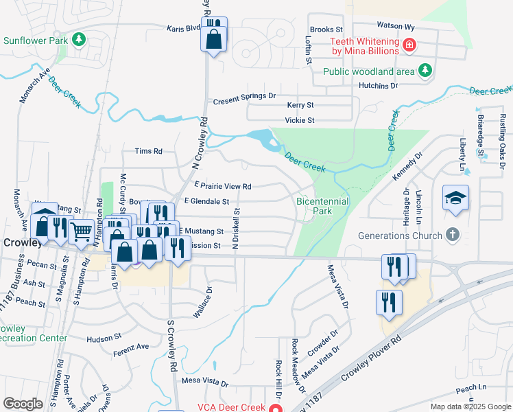 map of restaurants, bars, coffee shops, grocery stores, and more near 705 East Glendale Street in Crowley