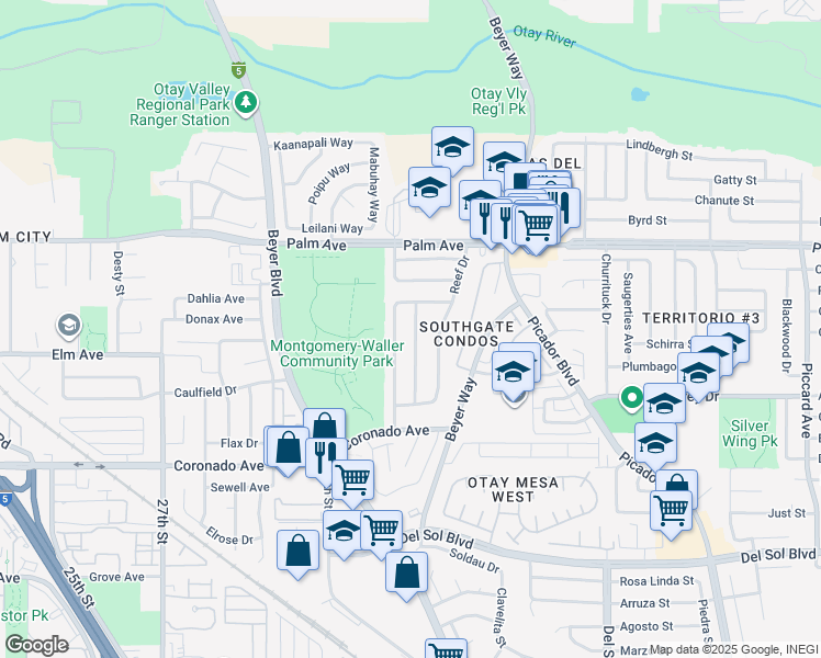 map of restaurants, bars, coffee shops, grocery stores, and more near 856 Orchid Way in San Diego