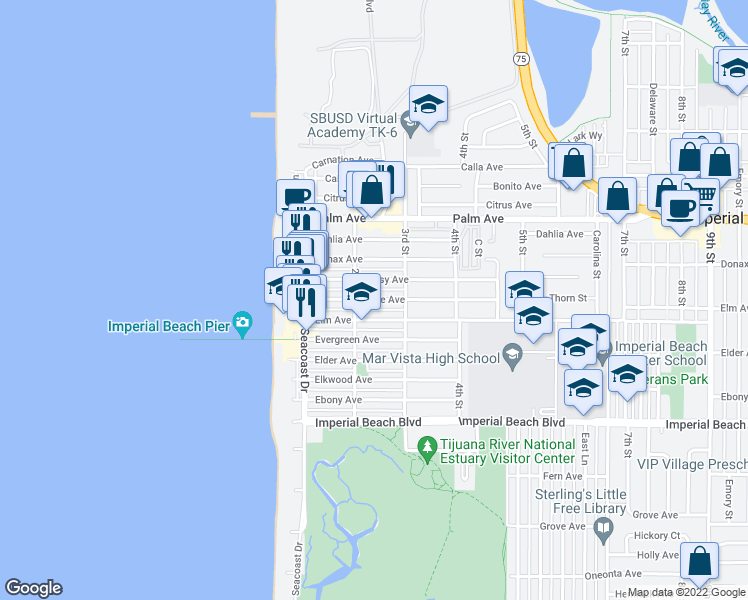 map of restaurants, bars, coffee shops, grocery stores, and more near 231 Date Avenue in Imperial Beach