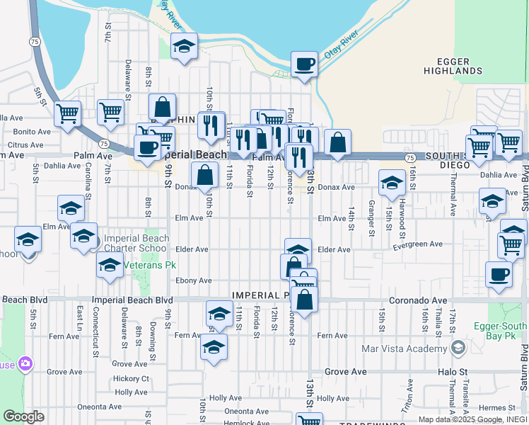 map of restaurants, bars, coffee shops, grocery stores, and more near 847 12th Street in Imperial Beach
