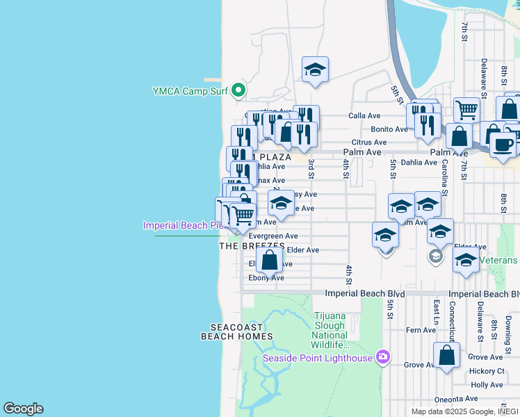map of restaurants, bars, coffee shops, grocery stores, and more near 149 Daisy Avenue in Imperial Beach