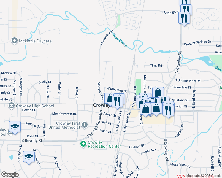 map of restaurants, bars, coffee shops, grocery stores, and more near 400 North Tarrant Street in Crowley