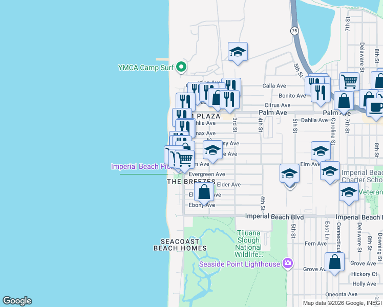 map of restaurants, bars, coffee shops, grocery stores, and more near 126 Date Avenue in Imperial Beach