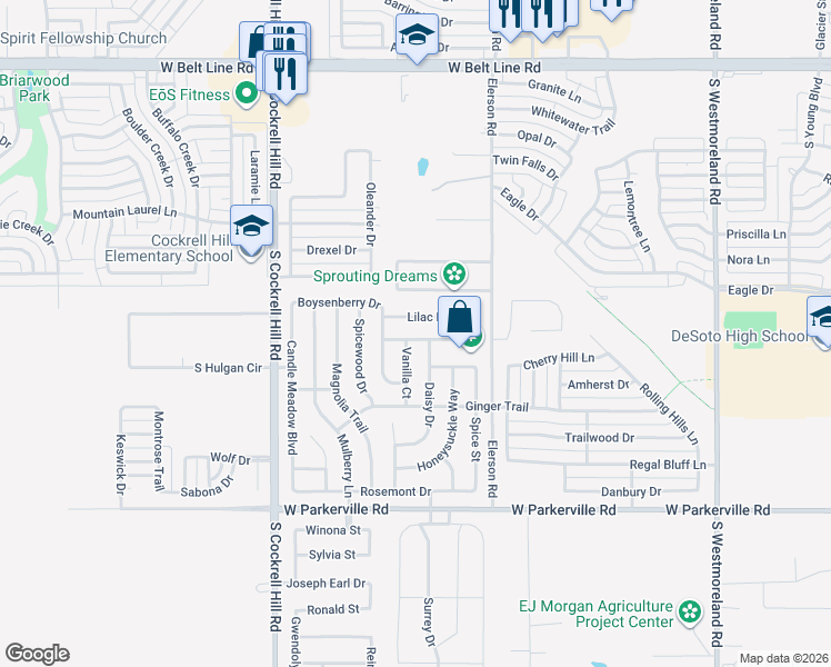 map of restaurants, bars, coffee shops, grocery stores, and more near 1105 Raspberry Lane in DeSoto