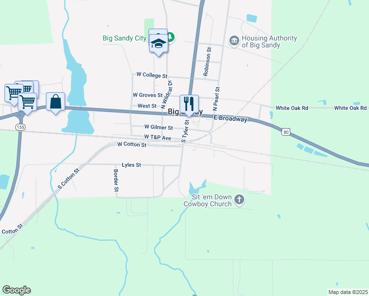 map of restaurants, bars, coffee shops, grocery stores, and more near 100 East Cotton Street in Big Sandy
