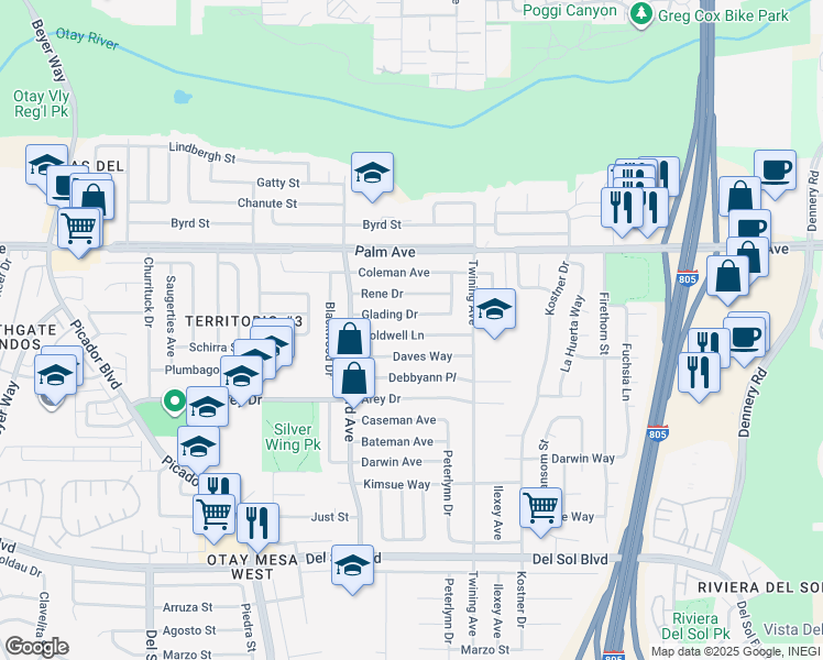 map of restaurants, bars, coffee shops, grocery stores, and more near 4014 Coldwell Lane in San Diego
