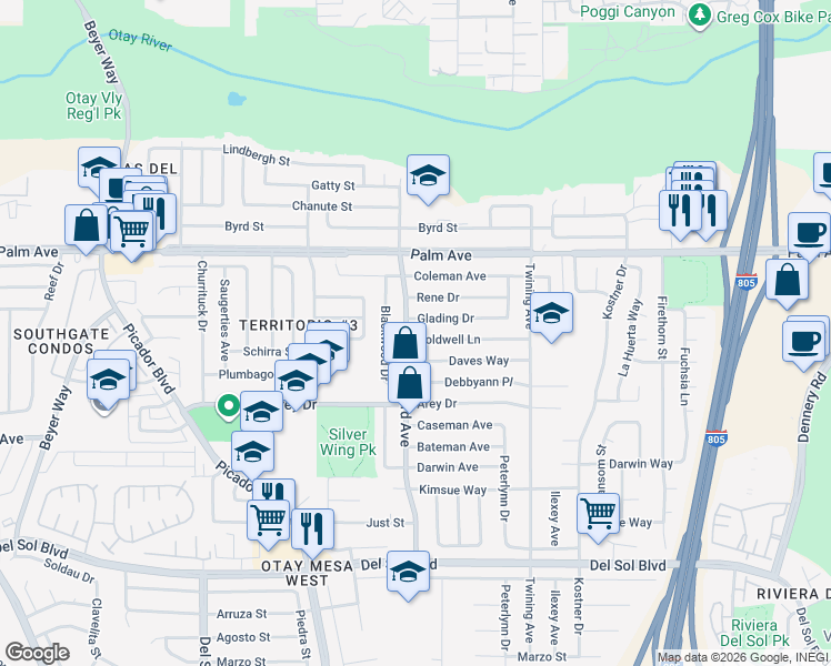 map of restaurants, bars, coffee shops, grocery stores, and more near 3947 Glading Drive in San Diego