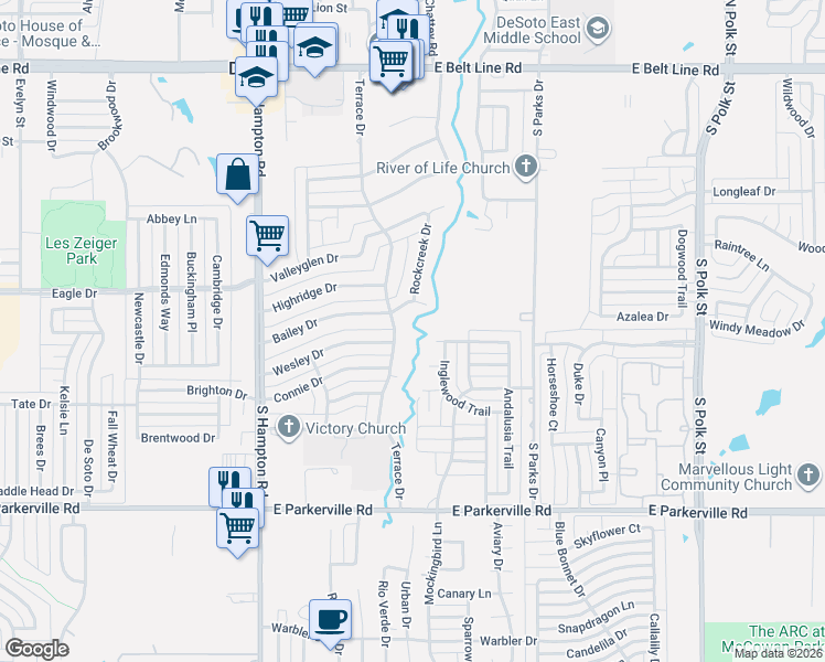 map of restaurants, bars, coffee shops, grocery stores, and more near 316 Bailey Drive in DeSoto