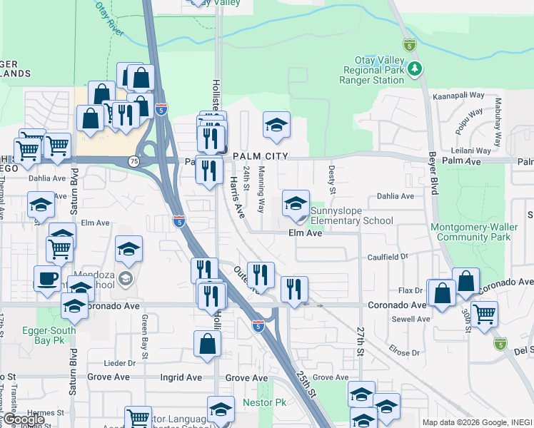 map of restaurants, bars, coffee shops, grocery stores, and more near 835 Manning Way in San Diego