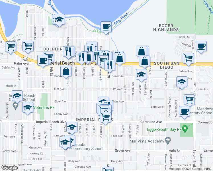 map of restaurants, bars, coffee shops, grocery stores, and more near 837 Florence Street in Imperial Beach