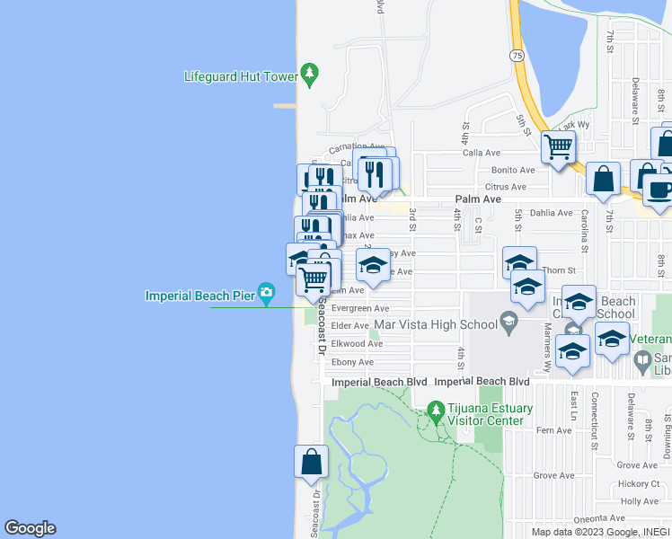 map of restaurants, bars, coffee shops, grocery stores, and more near 149 Daisy Avenue in Imperial Beach
