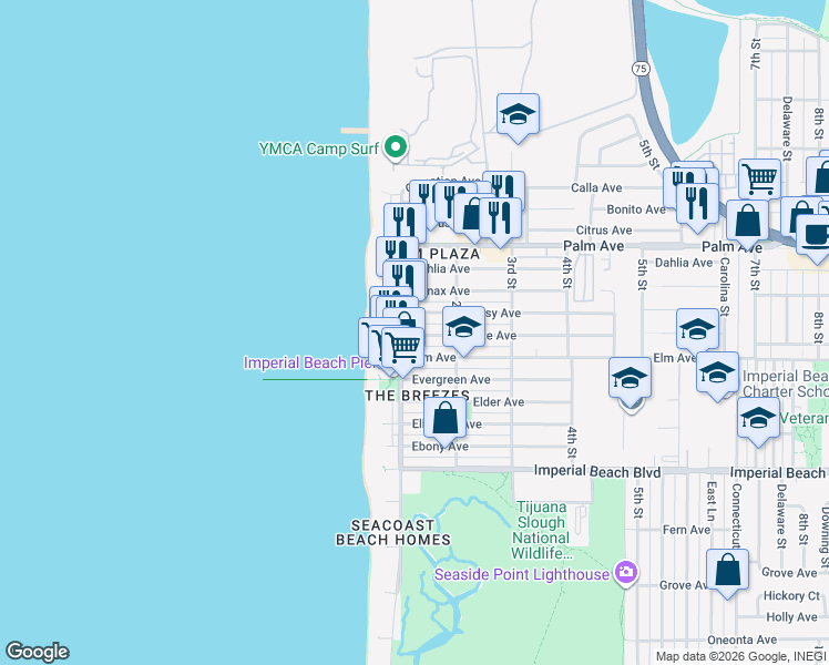 map of restaurants, bars, coffee shops, grocery stores, and more near 149 Daisy Avenue in Imperial Beach