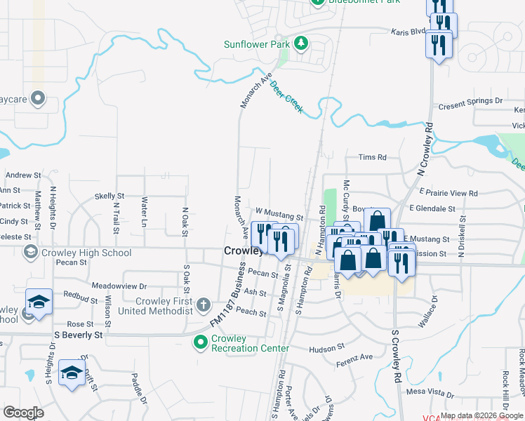 map of restaurants, bars, coffee shops, grocery stores, and more near 318 West Mustang Street in Crowley