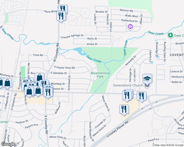 map of restaurants, bars, coffee shops, grocery stores, and more near 224 North Prairie View Road in Crowley