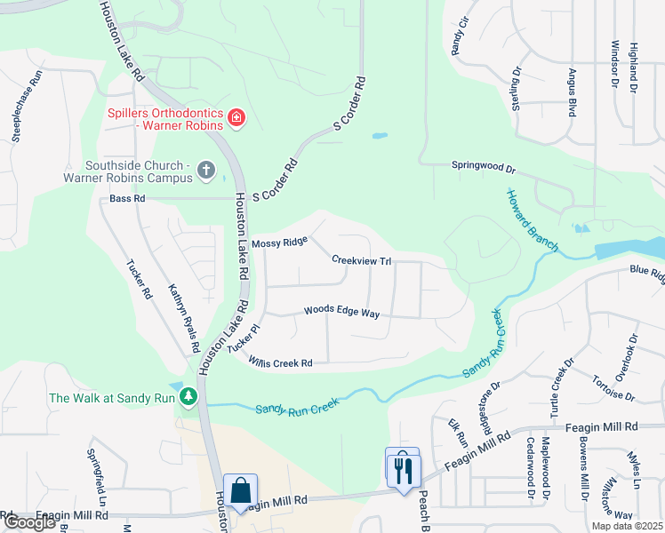 map of restaurants, bars, coffee shops, grocery stores, and more near 111 Creekview Trail in Warner Robins