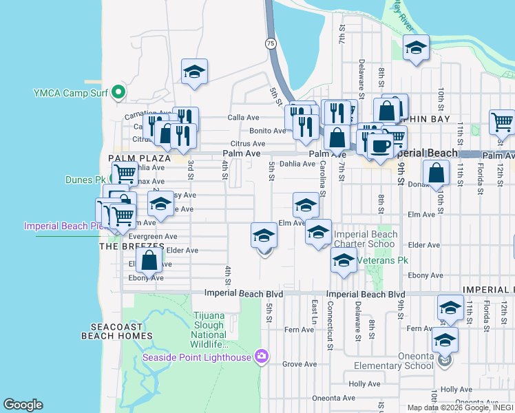 map of restaurants, bars, coffee shops, grocery stores, and more near 835 Corvina Street in Imperial Beach