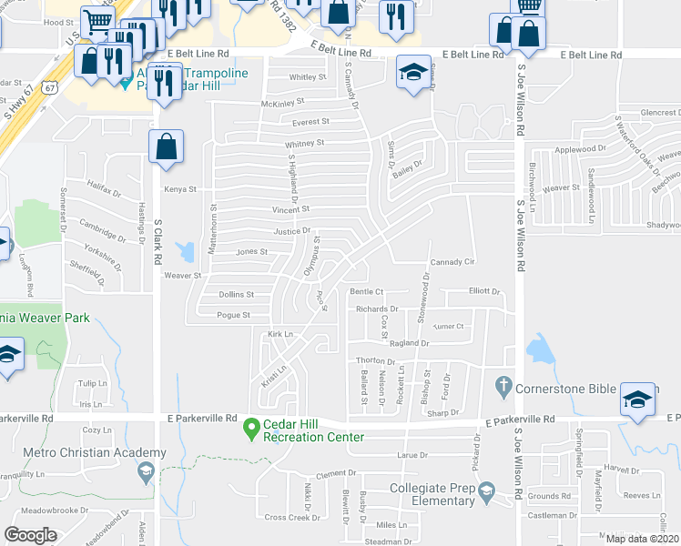 map of restaurants, bars, coffee shops, grocery stores, and more near 493 Weaver Street in Cedar Hill