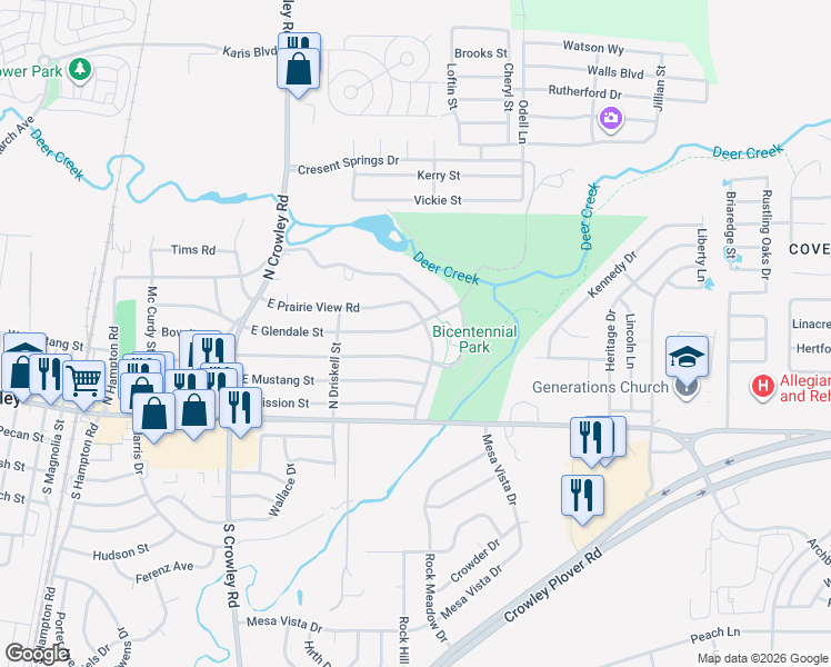 map of restaurants, bars, coffee shops, grocery stores, and more near 224 North Prairie View Road in Crowley