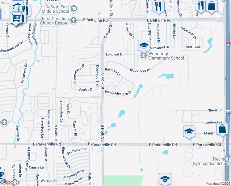 map of restaurants, bars, coffee shops, grocery stores, and more near 821 Windy Meadow Drive in DeSoto