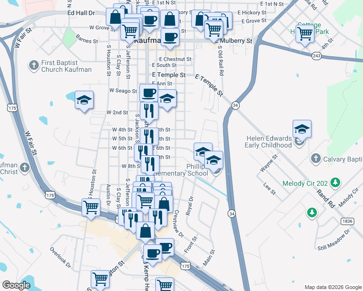 map of restaurants, bars, coffee shops, grocery stores, and more near 406 East 5th Street in Kaufman