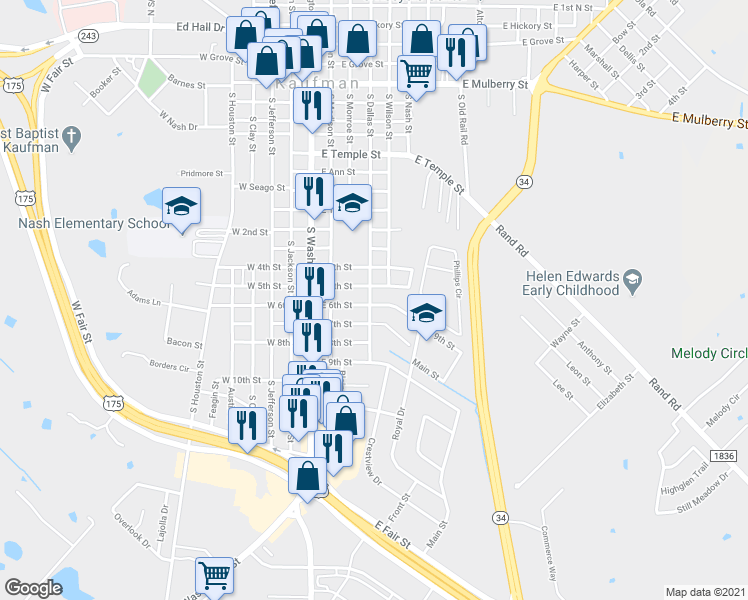 map of restaurants, bars, coffee shops, grocery stores, and more near 401 East 6th Street in Kaufman