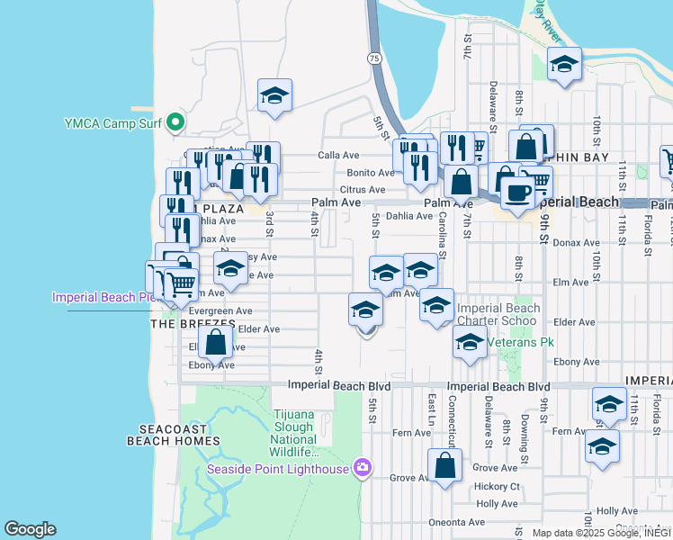 map of restaurants, bars, coffee shops, grocery stores, and more near 427 Daisy Avenue in Imperial Beach