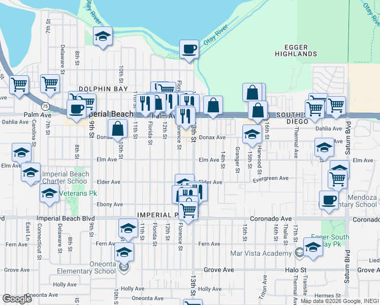 map of restaurants, bars, coffee shops, grocery stores, and more near 837 Florence Street in Imperial Beach