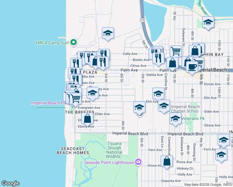 map of restaurants, bars, coffee shops, grocery stores, and more near 369 Daisy Avenue in Imperial Beach