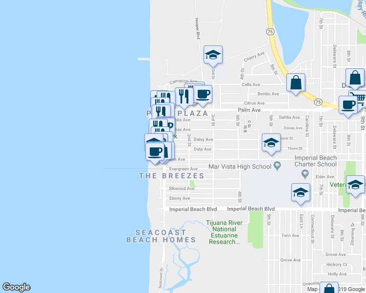 map of restaurants, bars, coffee shops, grocery stores, and more near 149 Daisy Avenue in Imperial Beach