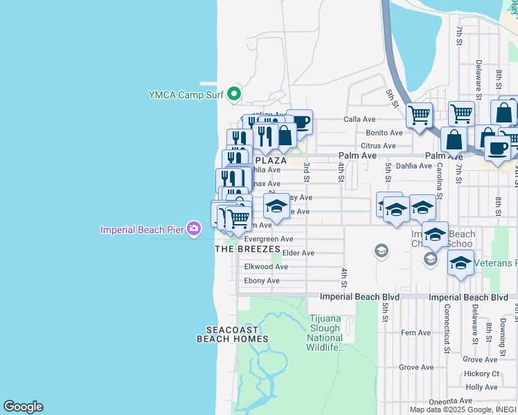 map of restaurants, bars, coffee shops, grocery stores, and more near 149 Daisy Avenue in Imperial Beach