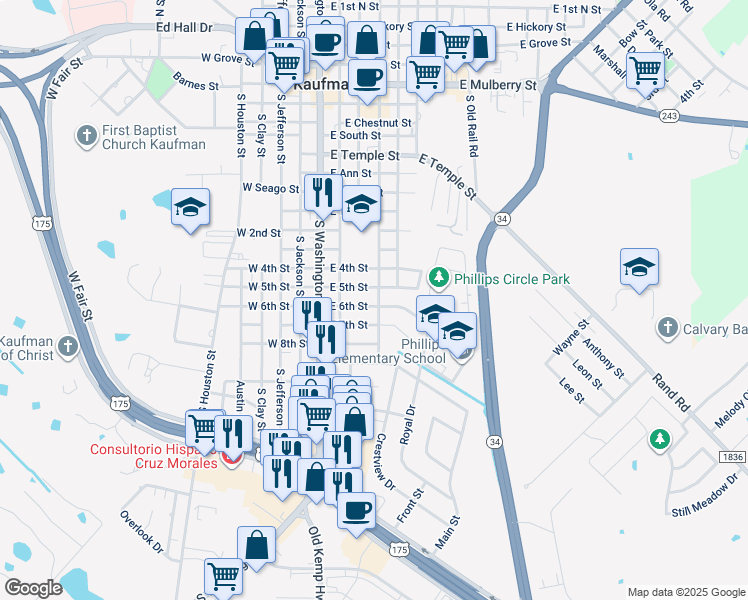 map of restaurants, bars, coffee shops, grocery stores, and more near 307 East 6th Street in Kaufman