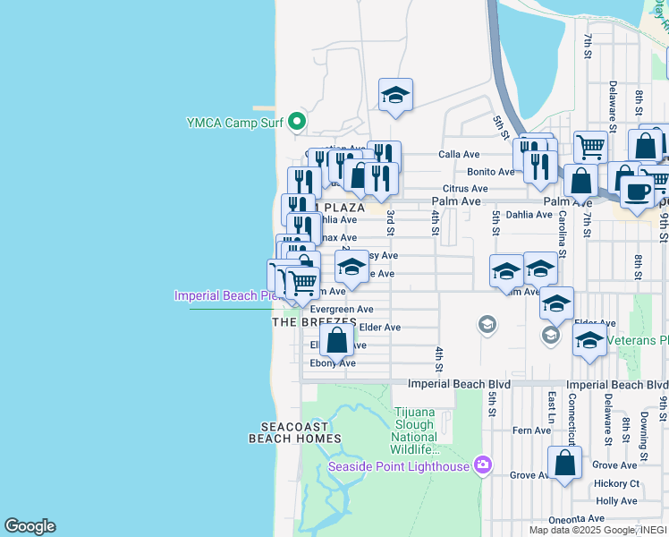map of restaurants, bars, coffee shops, grocery stores, and more near 149 Daisy Avenue in Imperial Beach