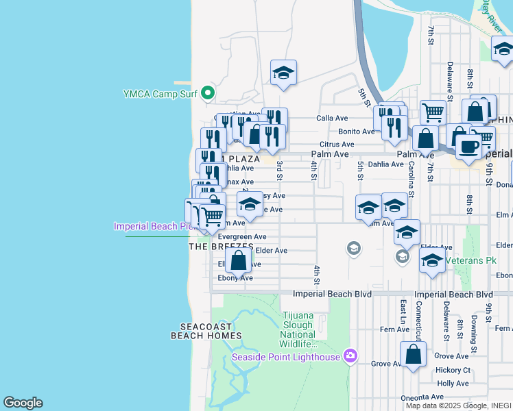 map of restaurants, bars, coffee shops, grocery stores, and more near 221 Daisy Avenue in Imperial Beach