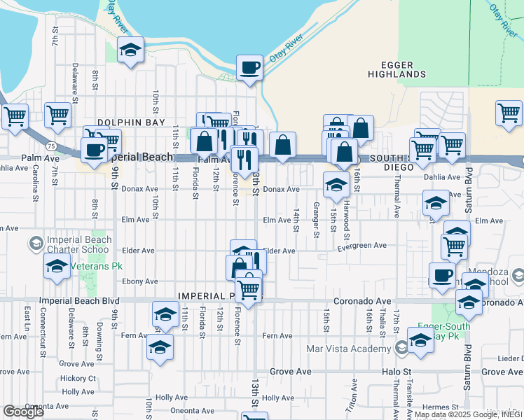 map of restaurants, bars, coffee shops, grocery stores, and more near 859 13th Street in Imperial Beach