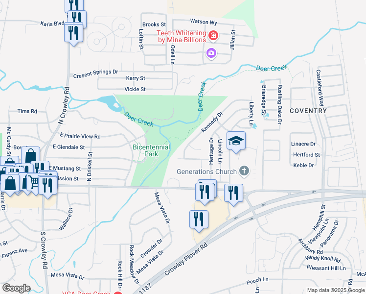 map of restaurants, bars, coffee shops, grocery stores, and more near 217 Kennedy Drive in Crowley