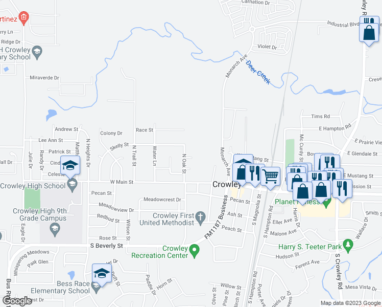 map of restaurants, bars, coffee shops, grocery stores, and more near 516 Oak Hollow Court in Crowley