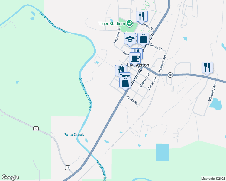 map of restaurants, bars, coffee shops, grocery stores, and more near 304 South Street in Livingston