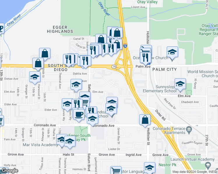 map of restaurants, bars, coffee shops, grocery stores, and more near 830 Cerrissa Street in San Diego