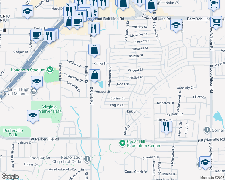 map of restaurants, bars, coffee shops, grocery stores, and more near 416 Weaver Street in Cedar Hill