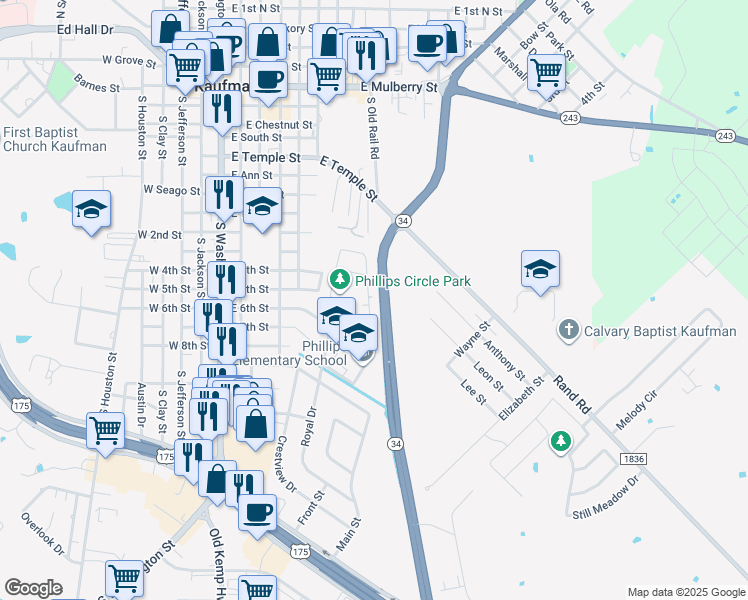 map of restaurants, bars, coffee shops, grocery stores, and more near 1002 Phillips Circle in Kaufman