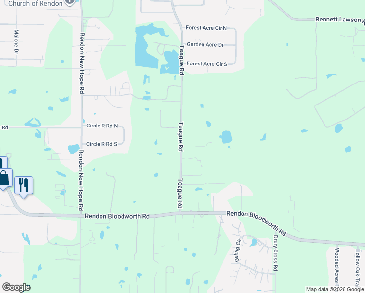 map of restaurants, bars, coffee shops, grocery stores, and more near 6401 Teague Road in Mansfield