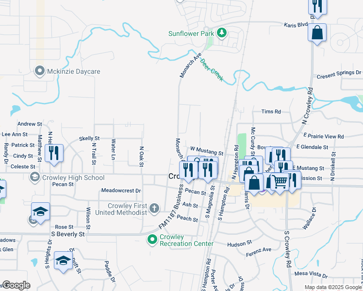 map of restaurants, bars, coffee shops, grocery stores, and more near 318 West Mustang Street in Crowley